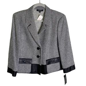 Lafayette 148 Boxy Tweed Blazer Sz 16 Leather Trim Boucle Textured Jacket XL